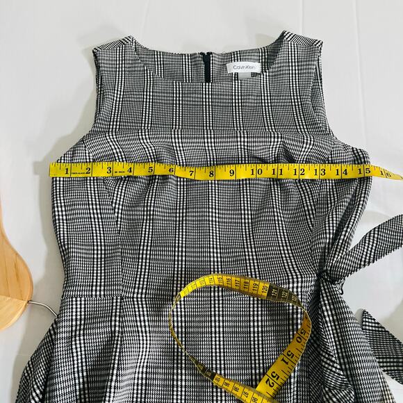 Calvin Klein Plaid Sleeveless Ruffle Belted Dress Size 2 Black White - Picture 7 of 9